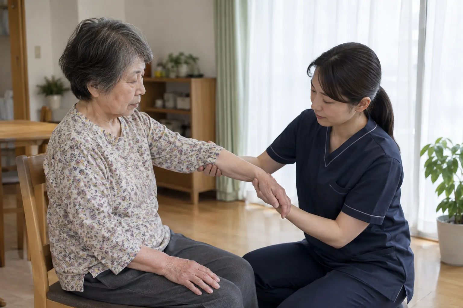 日本の住まいで、座ったまま腕のケアを受ける様子（イメージ）