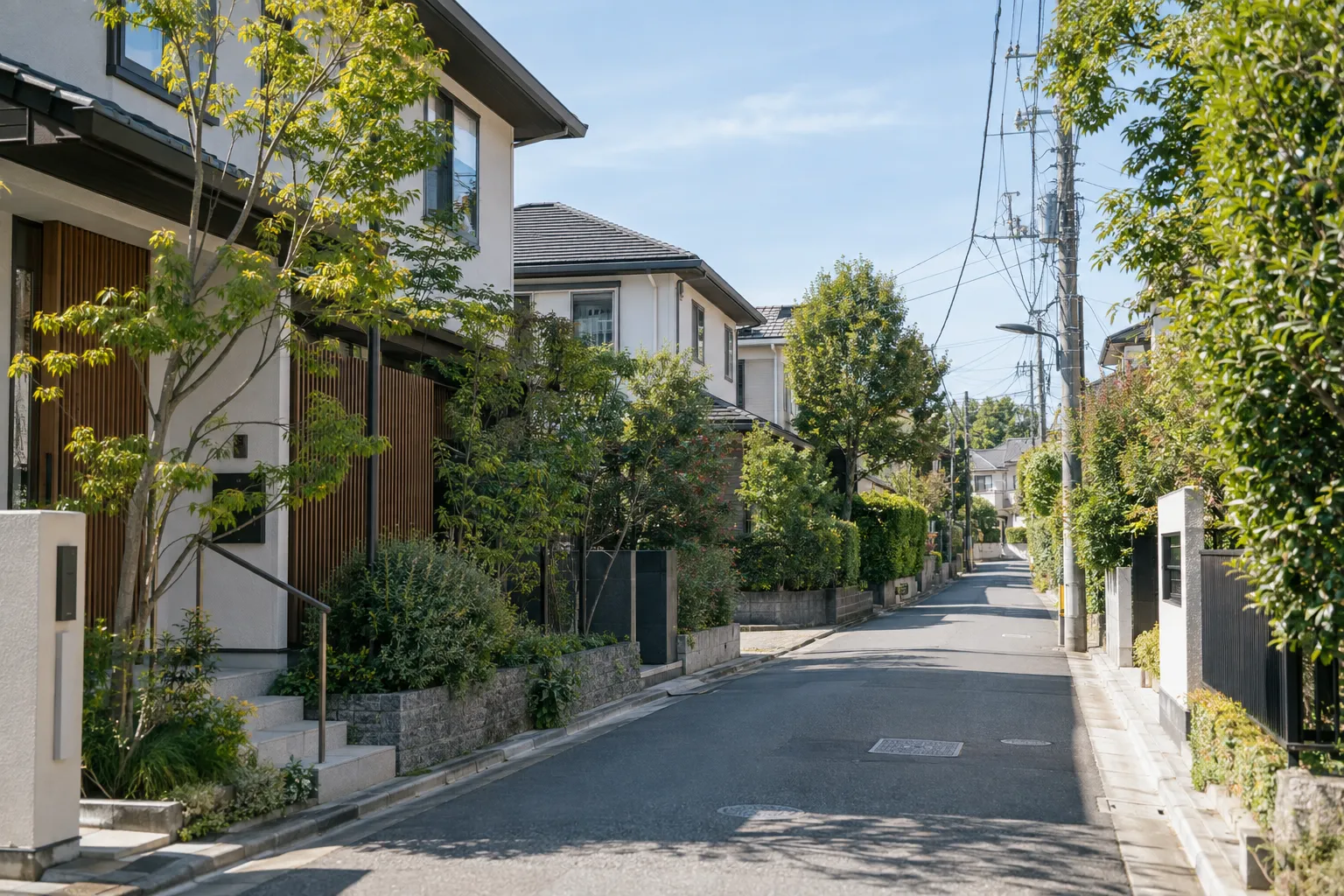 日本の住宅街に並ぶ家々と、通りを彩る植栽（イメージ）