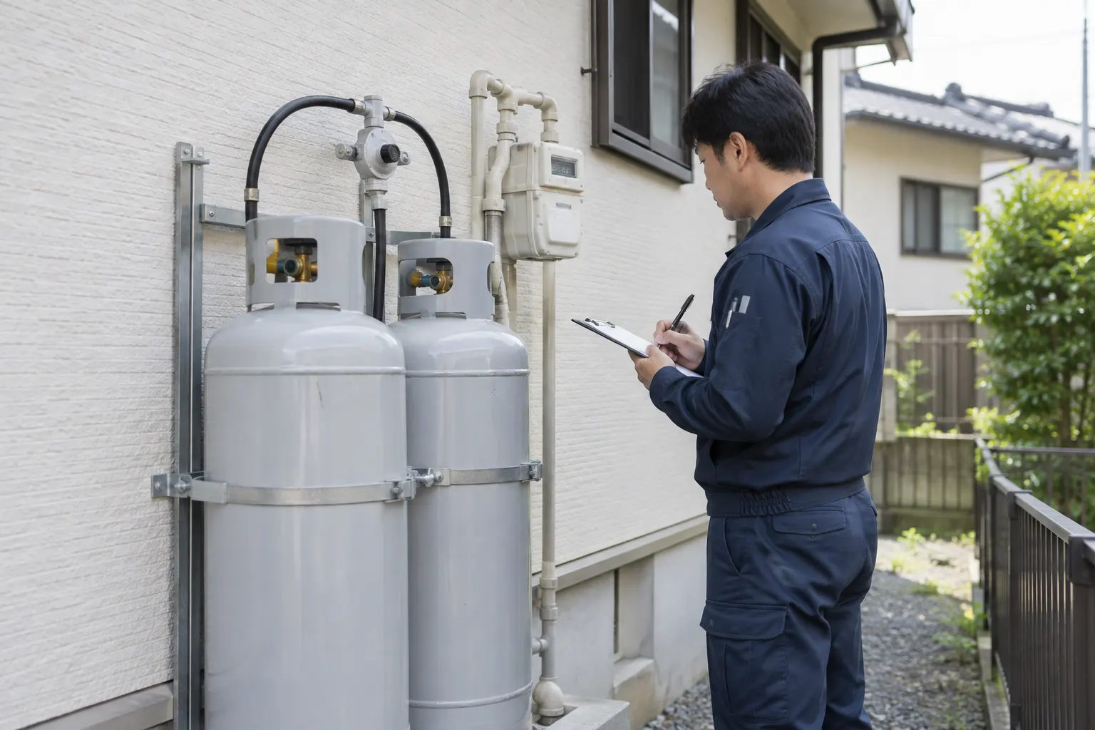 日本の住宅の屋外で、プロパンガス設備を確認する担当者（イメージ）